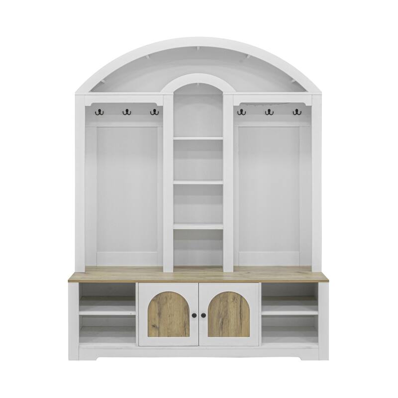 Modern Hall Tree, Multi-Functional Wardrobe with Shoe Rack & Hooks - Sturdy MDF Entryway Closet Organizer