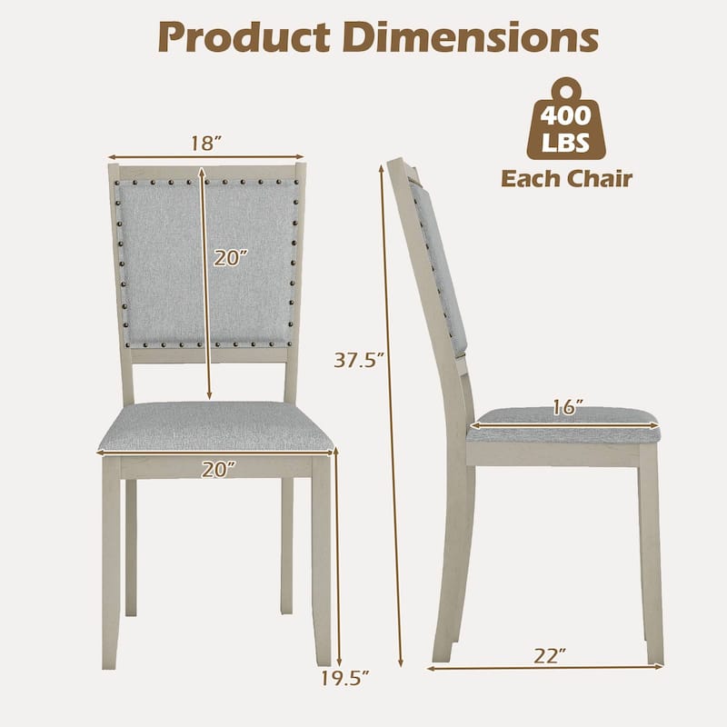 Set of 2 Grey Fabric Upholstered Dining Room Chairs with Ergonomic Back and Rubber Wood Frame - 20" x 22" x 37.5"