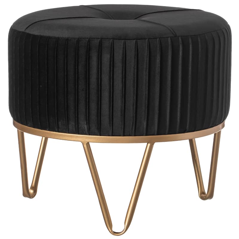 Round Velvet Ottoman Stool Raised with Hairpin Gold Base - Black Small