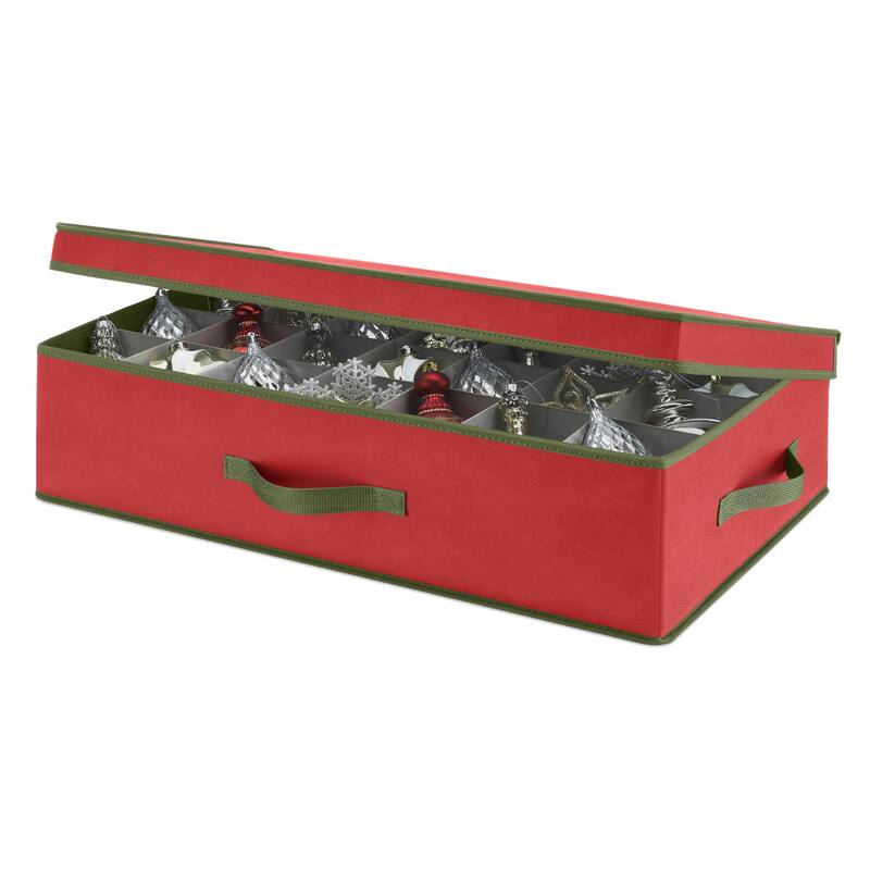 Whitmor Christmas 28-Section Ornament Box, Red with Green Trim