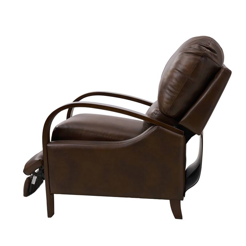 Alex Mid-century Modern Genuine Leather Manual Recliner with Wooden Curved Arms