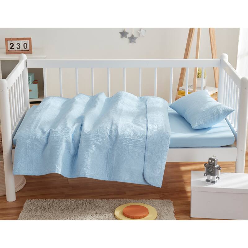 Clara Clark Grid Weave Toddler Bedding Set, 3PC Bedspread Set - All Season Quilted Comforter, Fitted Sheet, and Pillow Sham - Light Blue