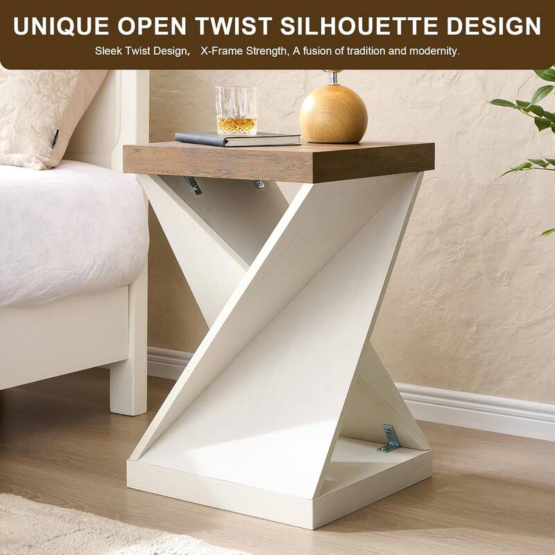 16" Modern Nightstand, Twisted Side Table, Square Rustic End Table