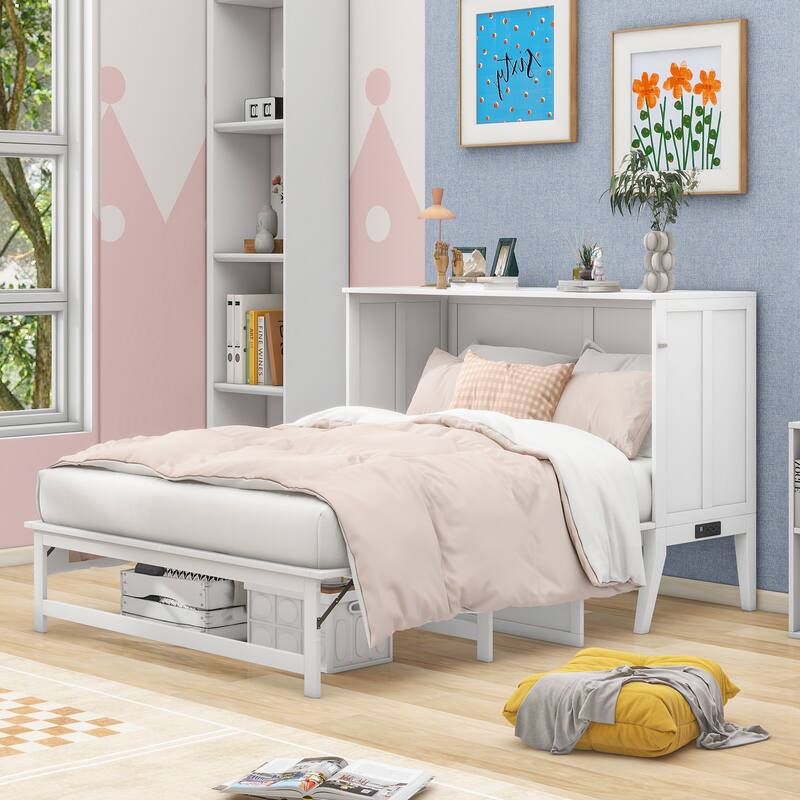 White Queen Size Murphy Bed with Builtin Charging Station and a Shelf