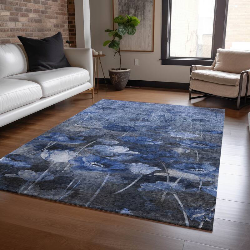 Machine Washable Indoor/ Outdoor Chantille Modern Floral Rug - 8' x 10' - Blue