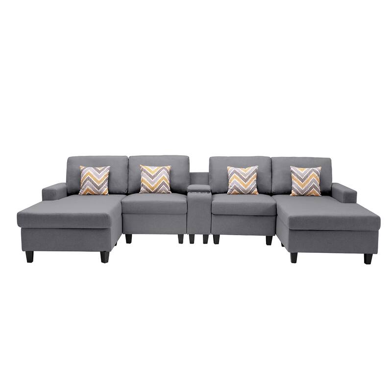 Linen Fabric 5 Piece Double Chaise Sectional Sofa with Storage Console Table and 4 Pillows