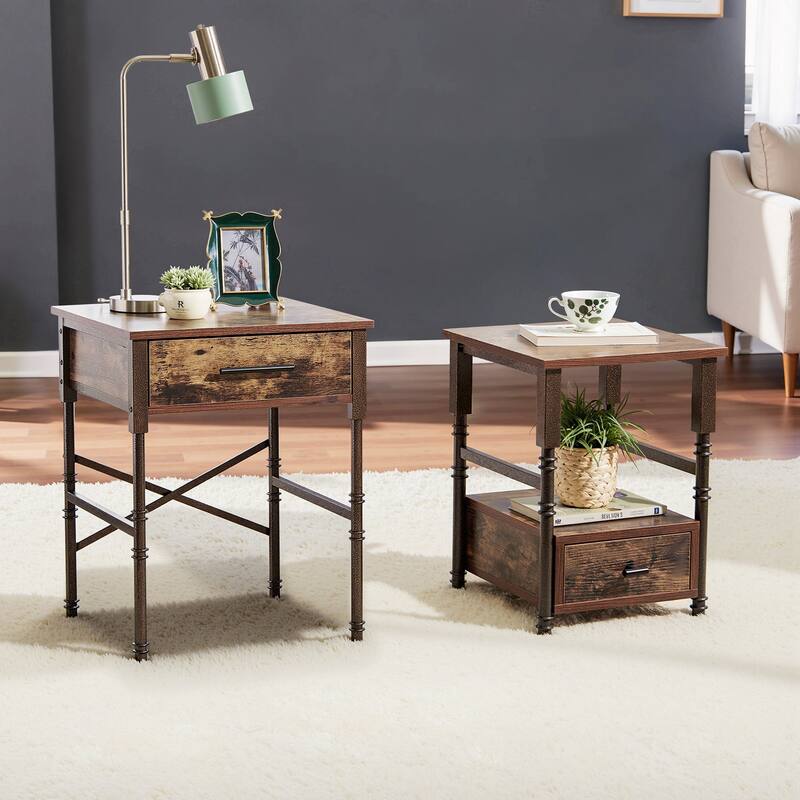 VECELO Nesting Coffee Table Set of 2, Square Nightstands with Adjustable Non-Slip Feet, Industrial End Table Side Tables