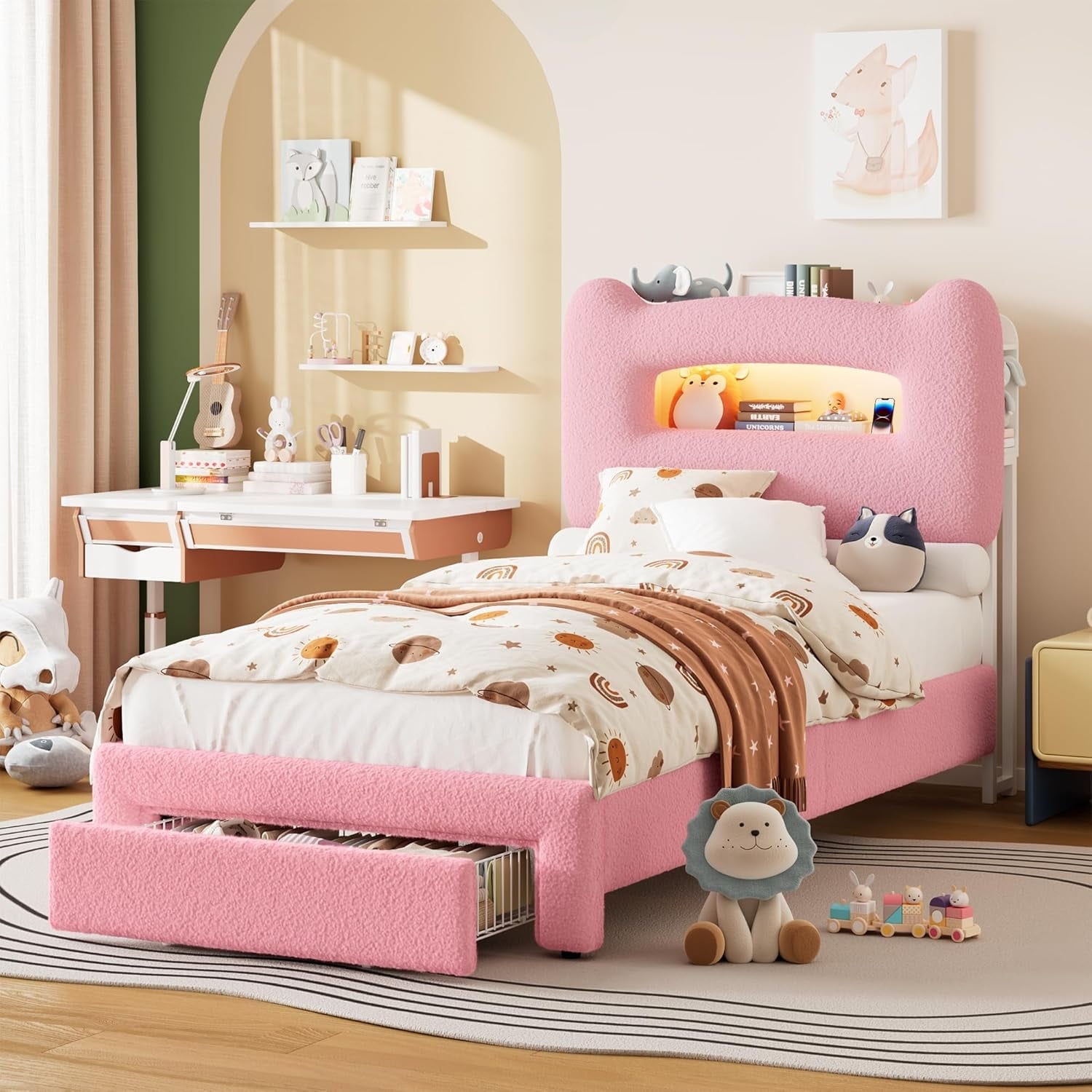 Twin LED Kids Bed, 2-Tier Storage, Charging Ports, Drawer, Pink