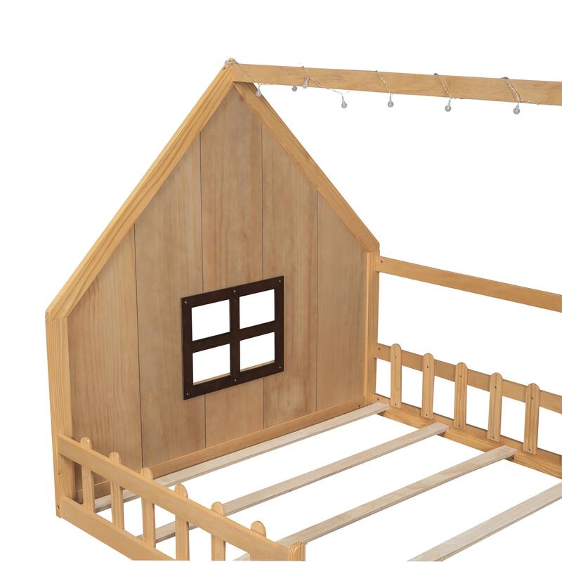 Full Size Wooden House Bed with Fence, Window, LED Lights, and Playful Design for Kids' Bedroom, No Box Spring Required
