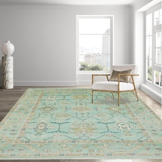 Aqua Traditional Oushak Wool Rug 9x12 Hand Knotted by LoomBloom