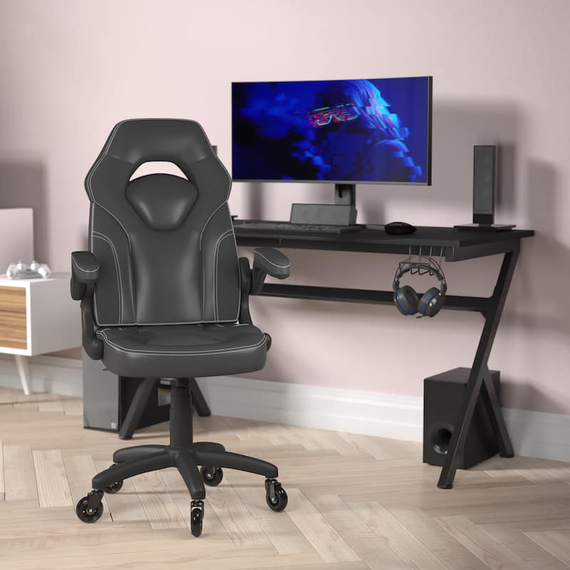 Office Gaming Chair with Skater Wheels & Flip Up Arms - LeatherSoft - Green/Black