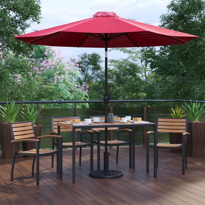 30" x 48" Faux Teak Patio Table, 4 Chairs and 9FT Patio Umbrella with Base - Red