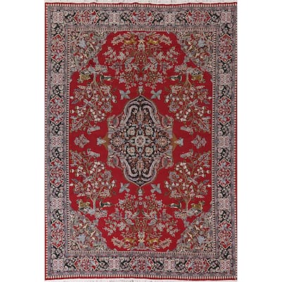 Animals Red Floral Kashan Turkish Area Rug Machine-Made Carpet - 9'7" x 12'8"