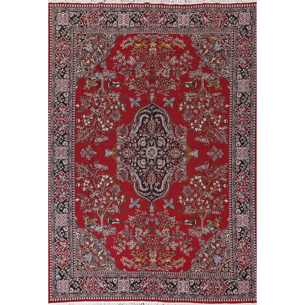 Animals Red Floral Kashan Turkish Area Rug Machine-Made Carpet - 9'7" x 12'8"