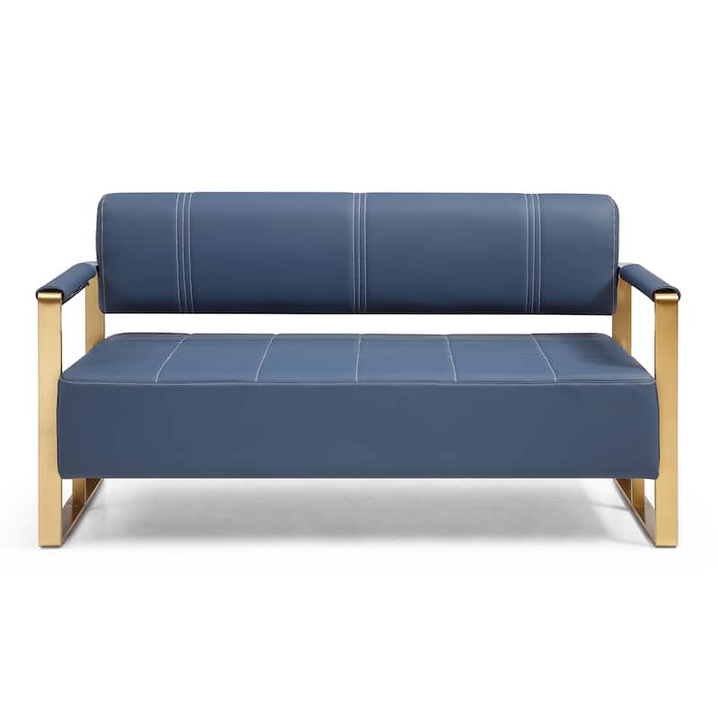 Upholstery Faux Bonded Leather Loveseat Sofa with Golden Metal Arms - Navy Blue