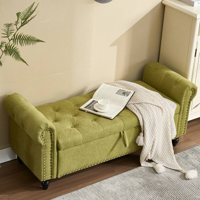 Upholstered Storage Ottoman Bench - Button Tufted Linen Ottoman with Hidden Storage for Living Room or Bedroom
