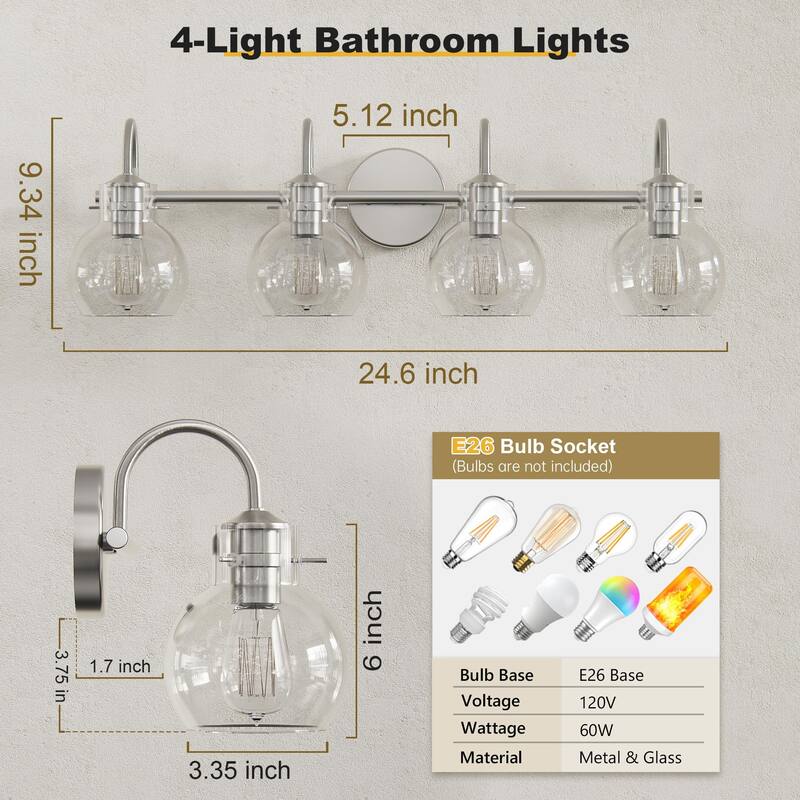Modern 2/3/4 Bathroom Vanity Lights Clear Globe Glass Shade
