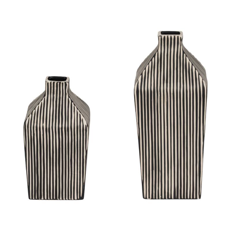 Sagebrook Home Lines Square Stoneware Vase in Black and White Finish, Unique Design