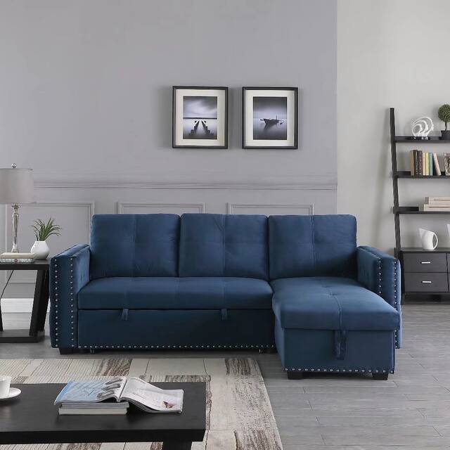 Morden Fort Velvet Reversible Sleeper Sectional Sofa L-Shape with big Storage
