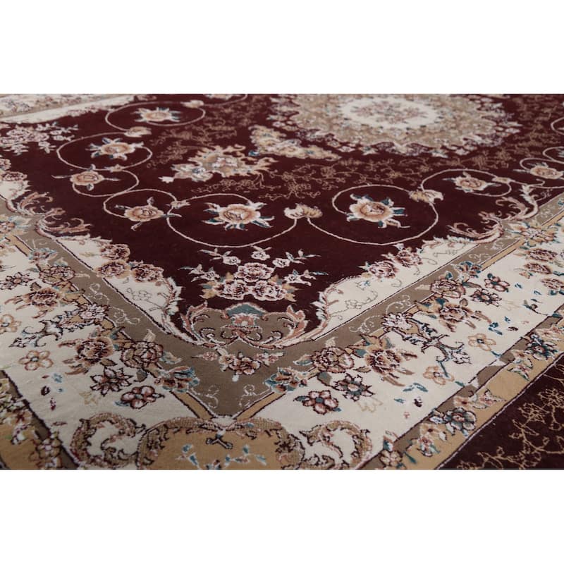 Burgundy Red Floral Aubusson Area Rug Machine Made Carpet - 6'6" x 9'10"