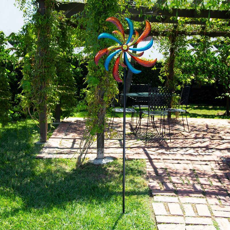 Alpine Corporation 63" Tall Outdoor Curved Blade Windmill Stake Kinetic Spinner, Multicolor