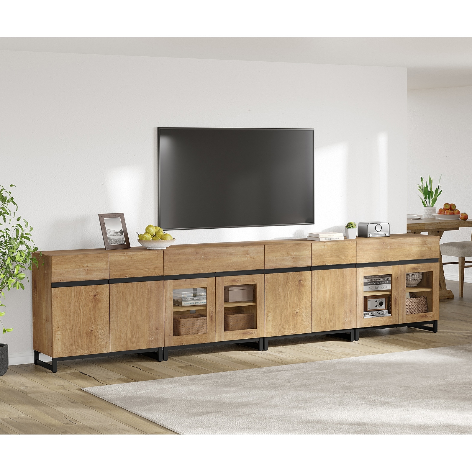 Modern 4-in-1 TV Stand for 120" TVs, Console with Glass Doors & 2 Drawers, Adjustable Shelf