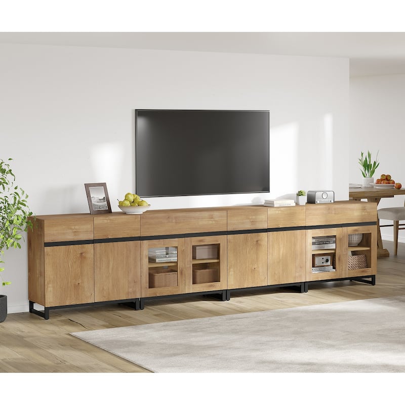 Modern 4-in-1 TV Stand for 120" TVs, Console with Glass Doors & 2 Drawers, Adjustable Shelf - 126 inches - Oak