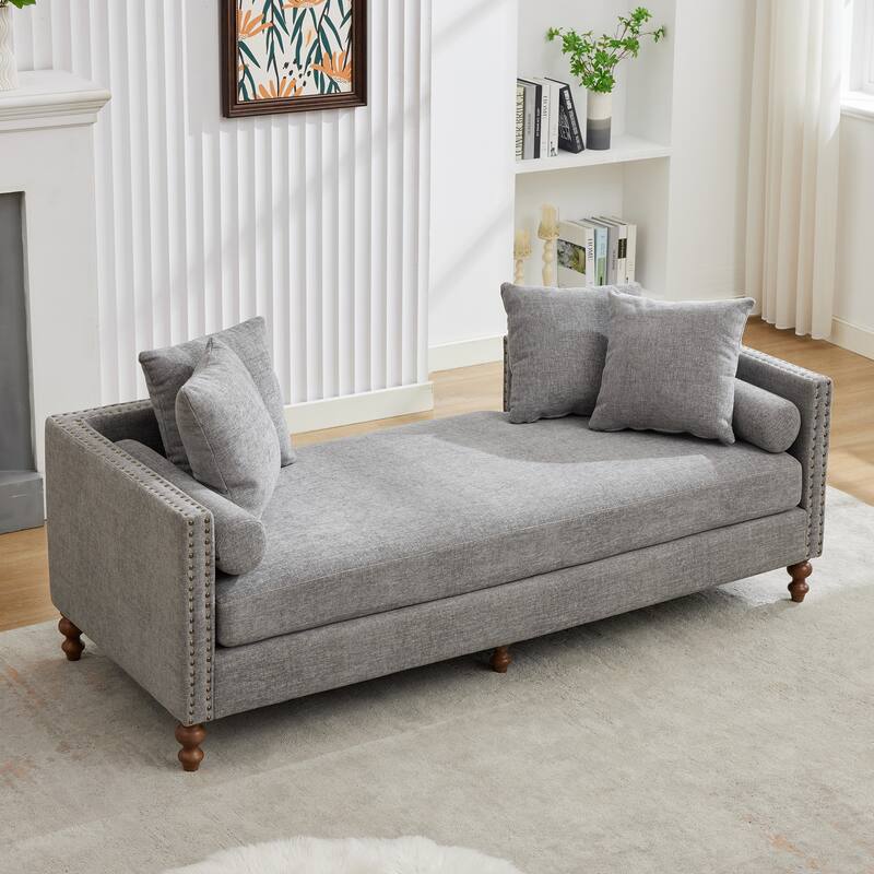 75.2"Wide Upholstered Chaise Lounge with Nailheads, Sleeper Sofa Couch With 4 Throw Pillows & 2 Bolsters, Rubberwood Legs