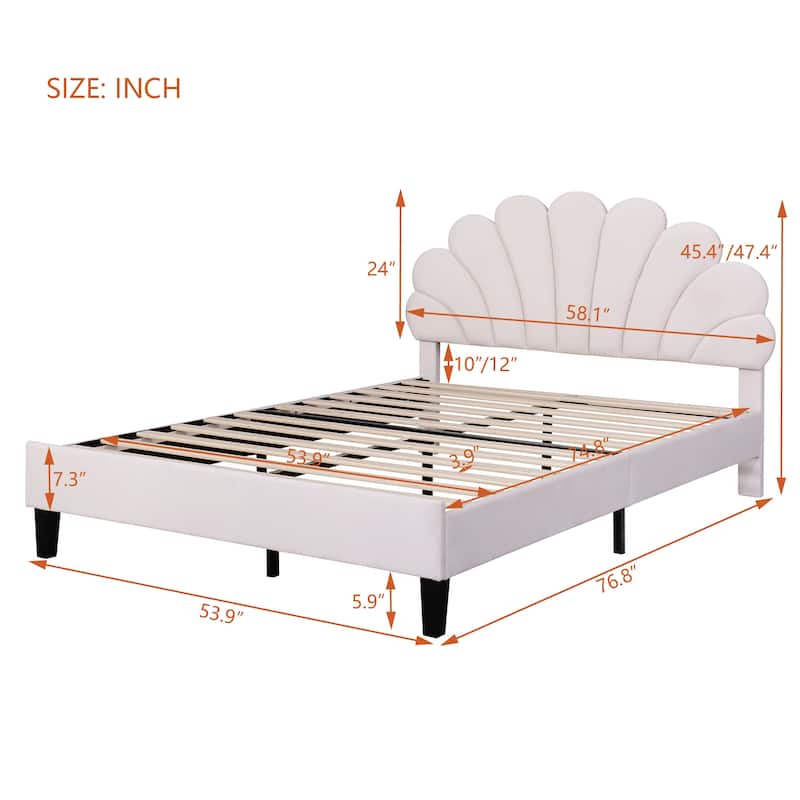 Roomfitters Full Size Upholstered Platform Bed Frame, Velvet Flower Headboard, Modern Bedroom Furniture, Beige