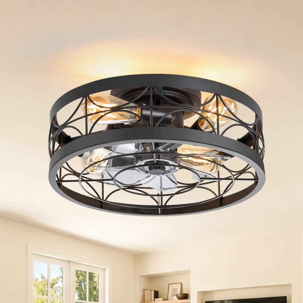 16.5" Farmhouse Caged Ceiling Fan with Light, Remote Control, 6-Speed Reversible DC Motor, Black Flush Mount Fan for Bedroom
