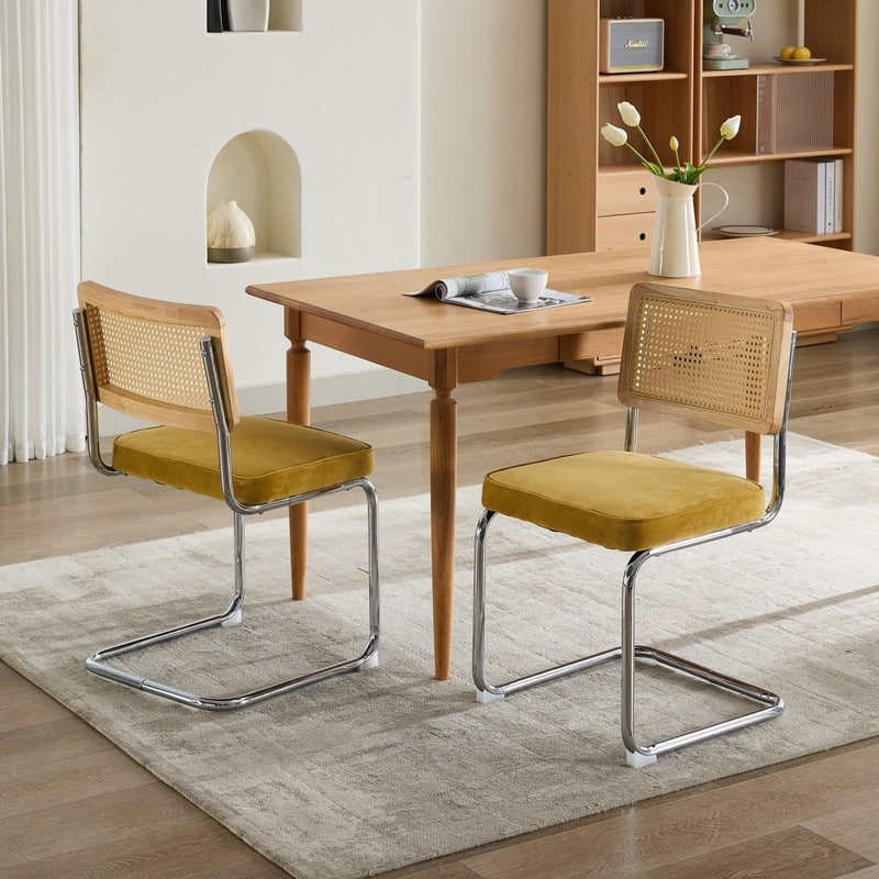 Mid Century Modern Dining Chairs Set of 2, Natural Cane Back & Stainless Chrome Base, Upholstered Rattan Kitchen Chairs