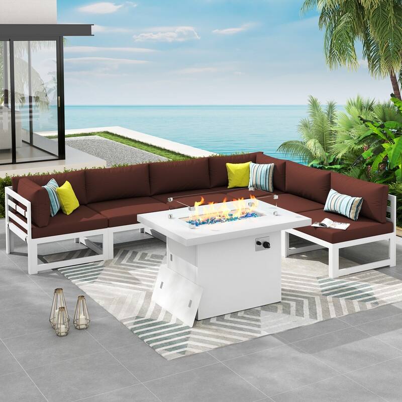 7 Piece Aluminum Patio Furniture Set with Fire Pit Propane/Gas, 29 inch Deep Wide Seat Aluminum Outdoor Sectional - White Frame - Burgundy