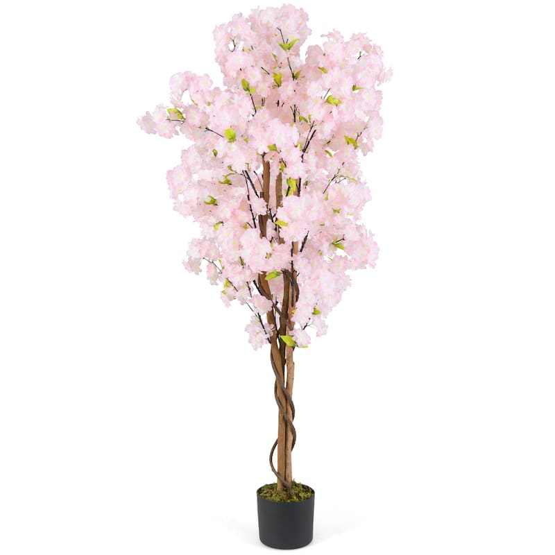 Gymax 5 FT Tall Artificial Cherry Blossom Tree Faux Flower Plant in - Pink