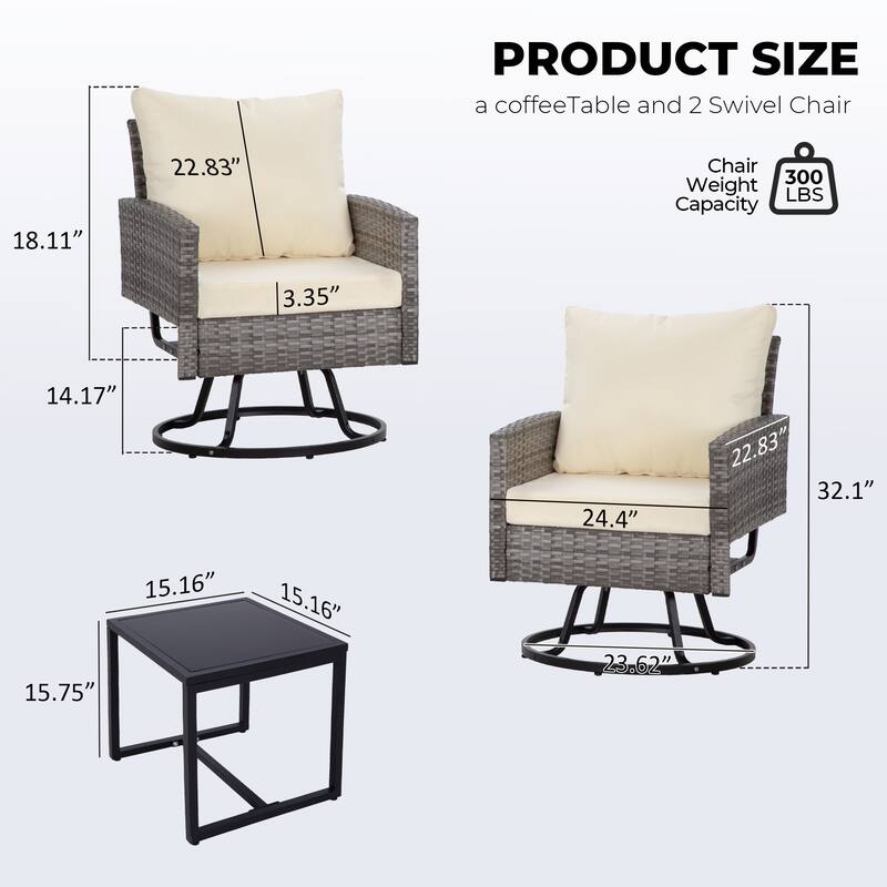 3-Piece Wicker Patio Furniture Set, Rattan Swivel Chairs with Coffee Table, Outdoor Seating for Porch, Balcony, or Garden