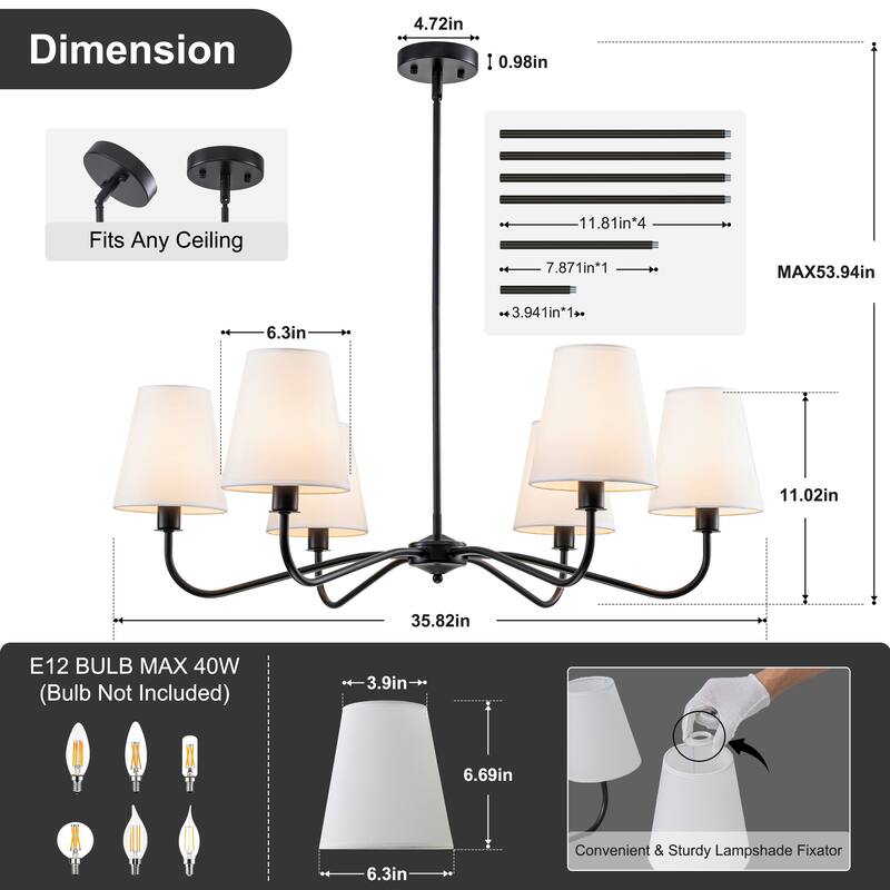 Starsky 6-Light Modern Classic Chandelier with White Linen Shades