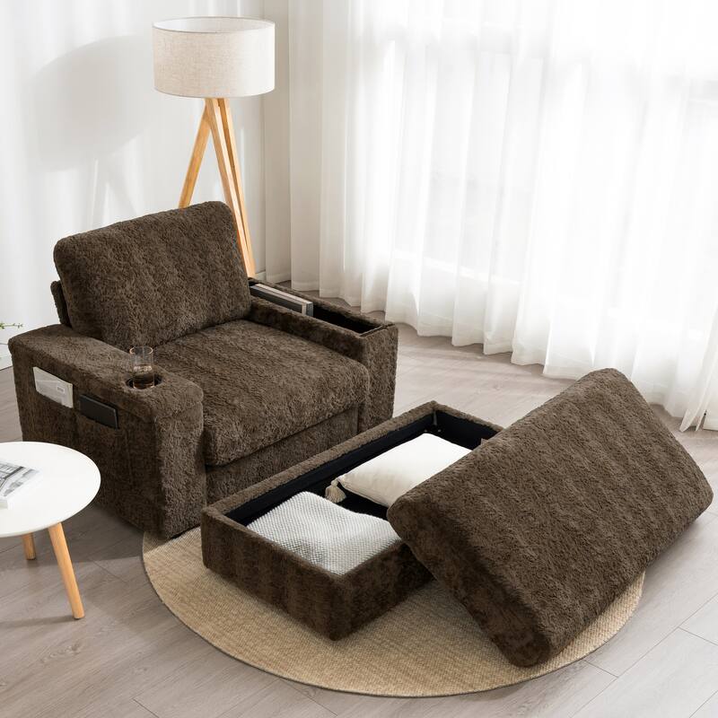 2-Piece Oversized Accent Chair & Ottoman Sets, Single Sofa Reading Couch Chaise Lounge with Storage Ottoman & Cup Holders - Brown