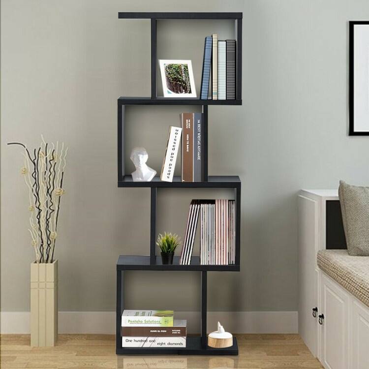 Modern 4-Tier S-Shaped Bookcase with Ample Storage for Small Spaces - 23.5" x 10.5" x 65.5"