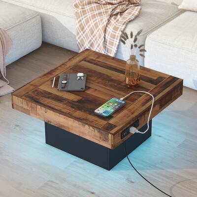 Farmhouse Coffee Table with 2 USB Ports and Outlets, Brown Spliced Wood Grain Center Table with LED Light