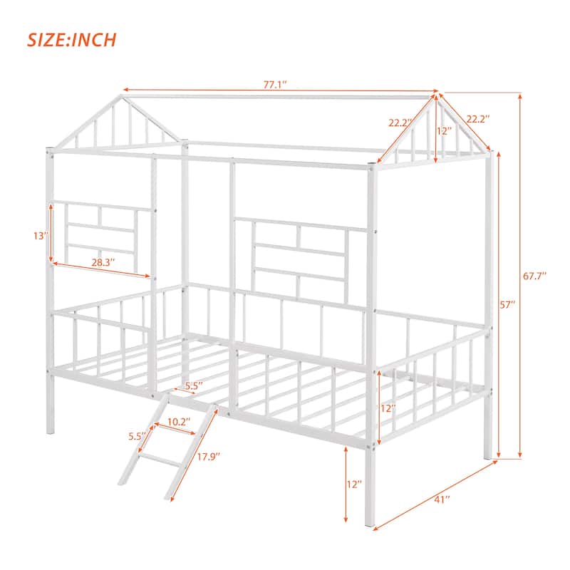 White Twin Size Metal House Bed Frame with Slatted Support (No Box Spring Needed)
