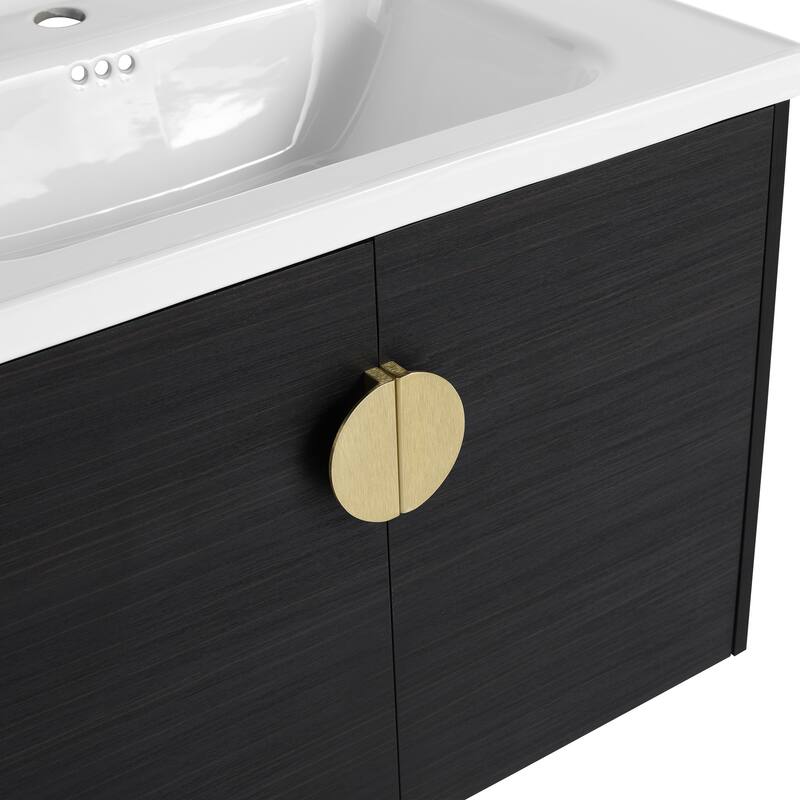Wall Mounted Bathroom Vanity with Ceramic Basin, 27.8" x 18.5", Black Chestnut Finish, 2 Doors - 27.8in L Plywood