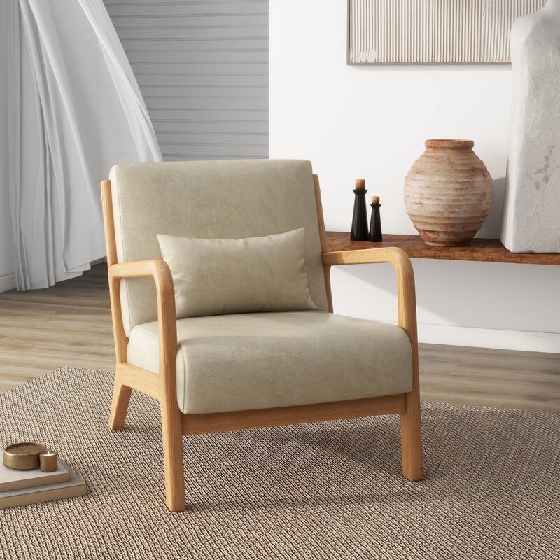 Modern Upholstered Accent Chairs for Living Room - Natural Wood - Cream & PU & Side Frame