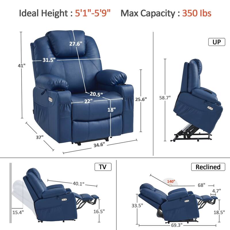 MCombo Electric Power Lift Recliner Chair Sofa with Massage and Heat, 3 Positions, USB Ports, Faux Leather 7040