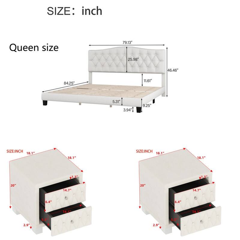 3-Pieces Bedroom Sets,Upholstered Platform Bed with Saddle Curved Headboard and Diamond Tufted Details,and 2 Nightstand