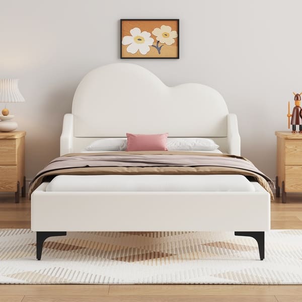 slide 2 of 24, Twin Size Upholstered Platform Bed with Cloud-Shaped Headboard, Beige - Sturdy & Comfortable Design Beige