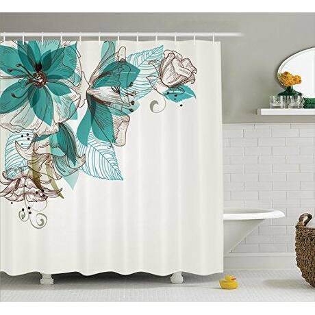 Turquoise Curtain Decor Bathroom Shower Curtain Set, Teal Brown