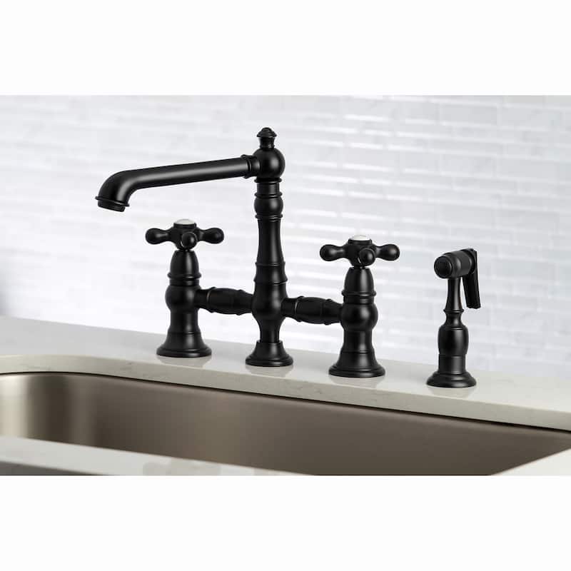 English Country Bridge Kitchen Faucet with Sprayer in Matte Black