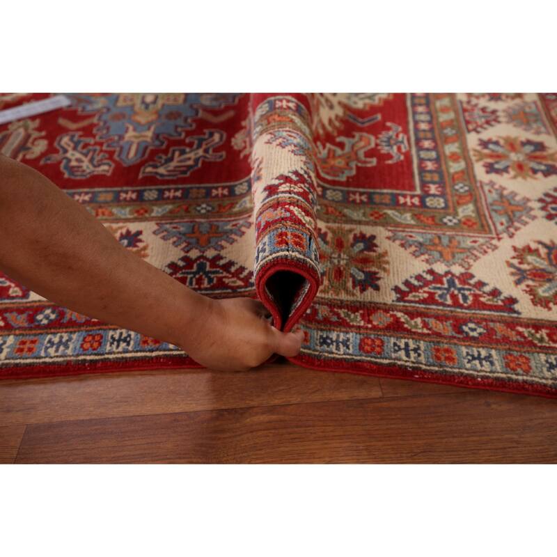 Red Geometric Kazak Area Rug Hand-Knotted Traditional Wool Carpet - 4'10" x 6'9"
