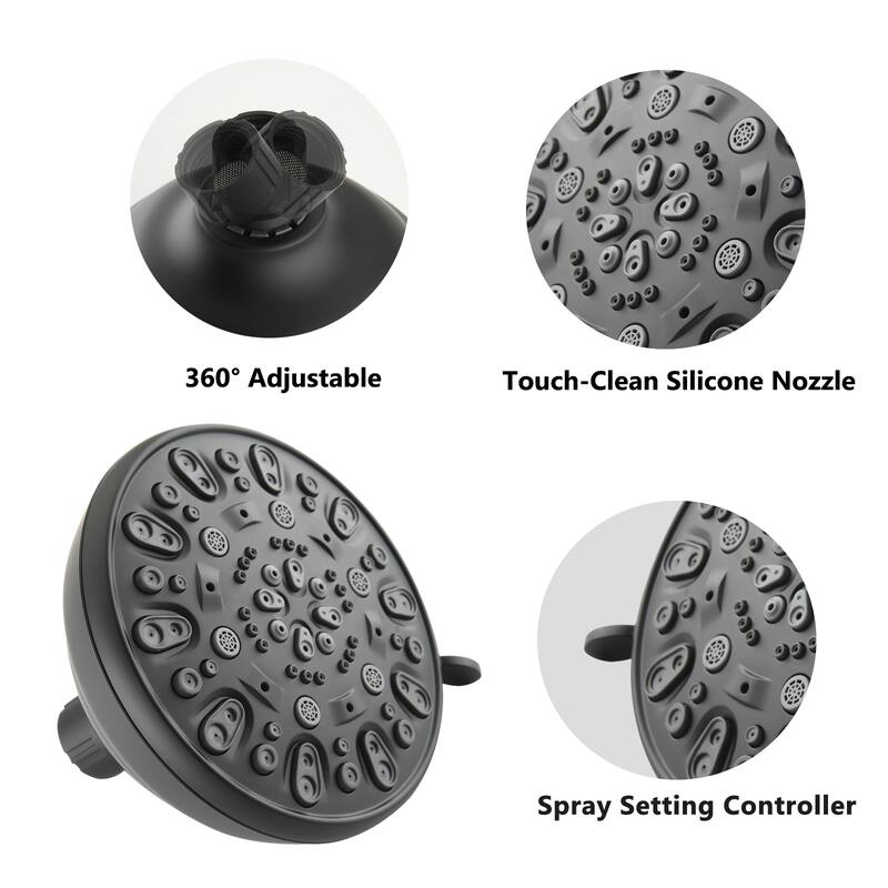 Matte Black high pressure 6-setting 4" shower head - Angle adjustable, clog-proof shower head