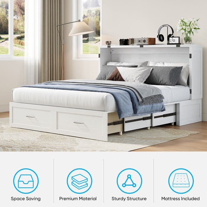 Mixoy Queen Modern Murphy Bed Chest with Mattress,Storage Drawer,Charging Station