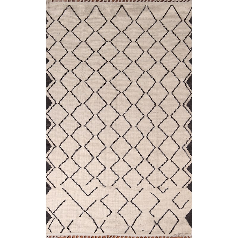 Trellis Ivory Moroccan Area Rug Handmade Geometric Wool Carpet - 5'11"x 9'8"